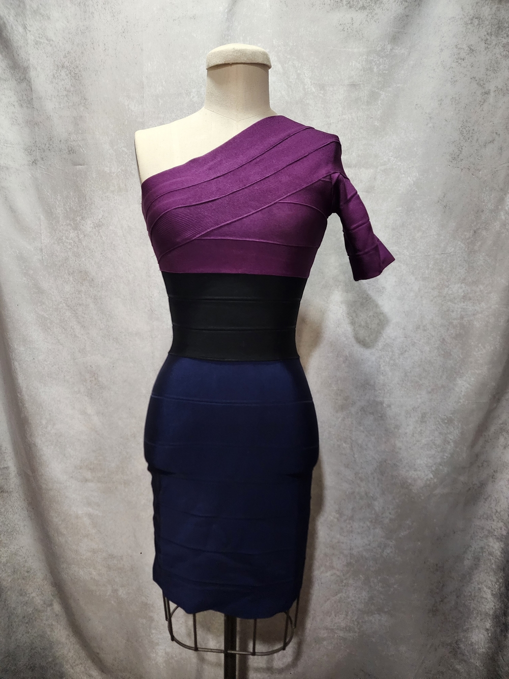 Herve Leger One-Shoulder Colorblock Bandage Dress